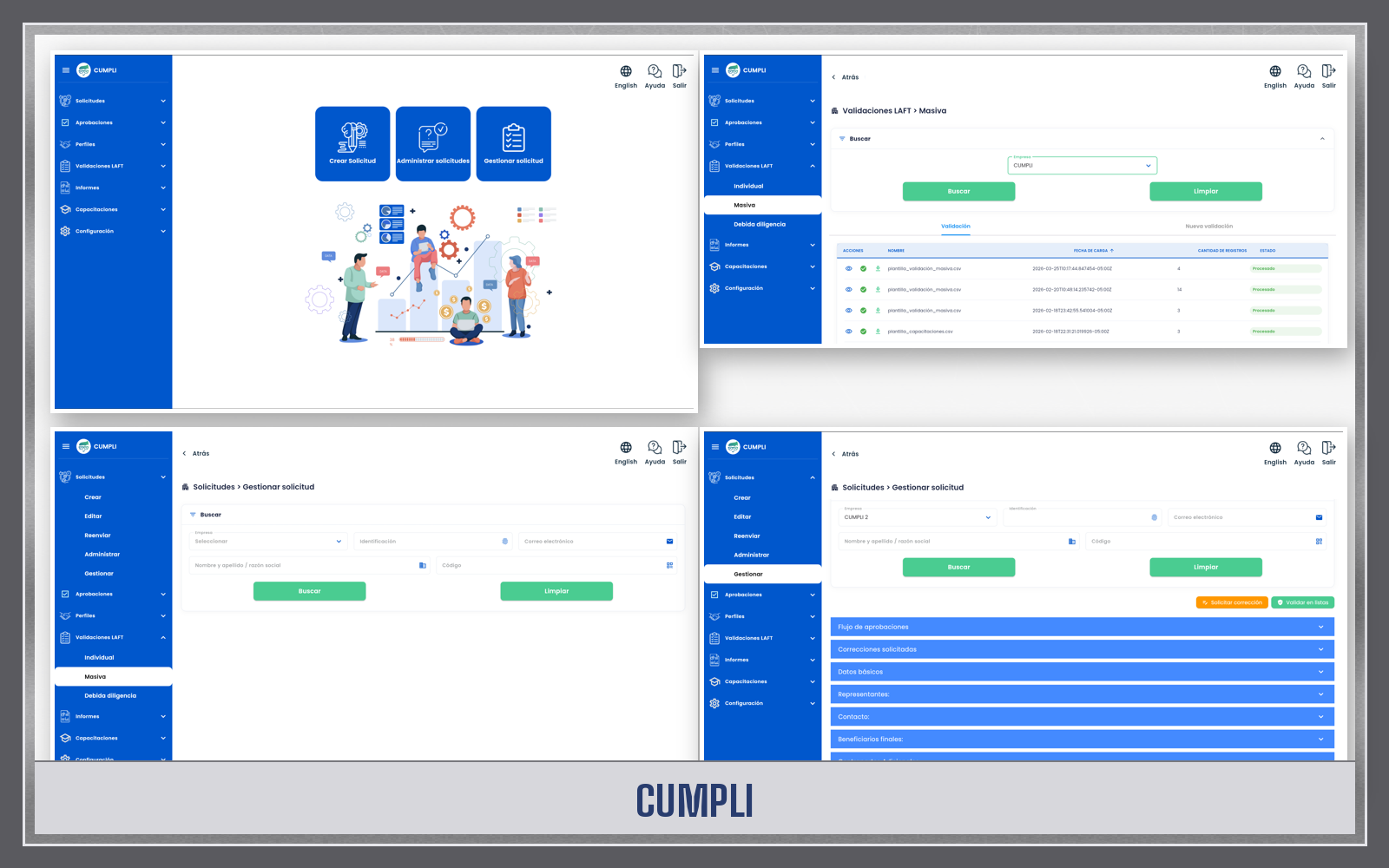 Vista completa del módulo administrativo Cumpli